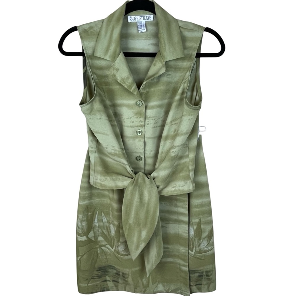 Vintage Green Sleeveless Tie Front Blouse with Matching Wrap Skirt, Size 4